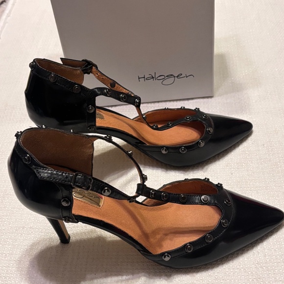 Halogen Hamartine patent leather Stilettos black size 7.5 M ankle straps - Picture 1 of 7